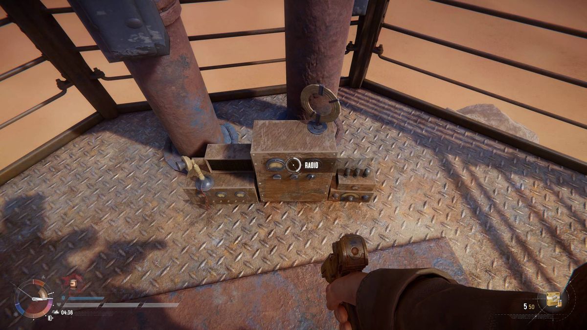 SAND screenshot showing the Radio interaction prompt on top of an extraction tower